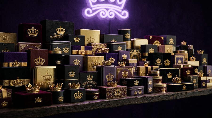 Rak produk mewah dengan kemasan dihiasi lambang mahkota kecil bercahaya ungu