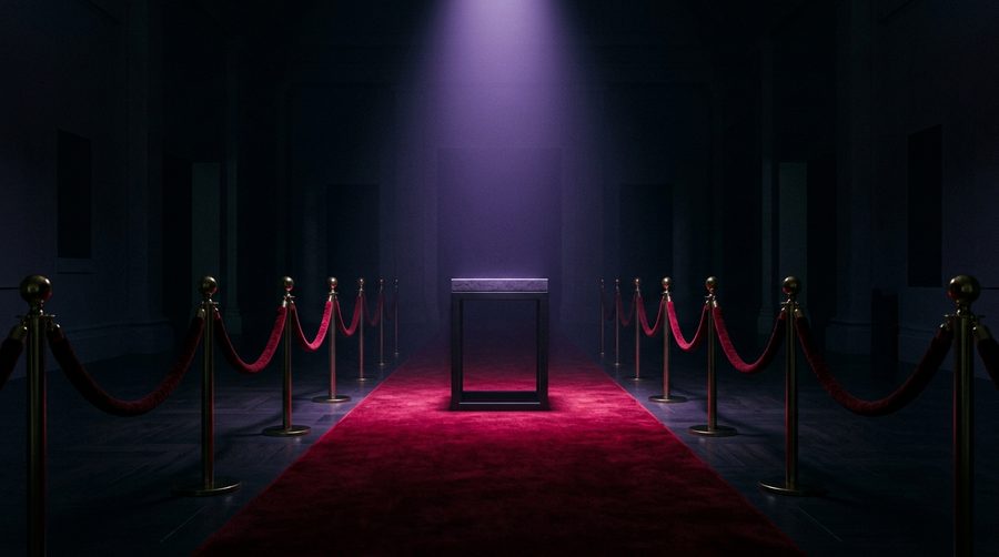 Pijakan pameran kosong dengan karpet merah dan tali beludru di aula museum gelap bernyala ungu